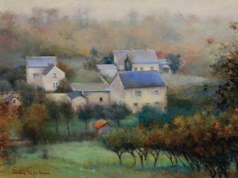 Countryside Hamlet Black Ornate Wood Framed Art Print with Double Matting by Engelman, Esther