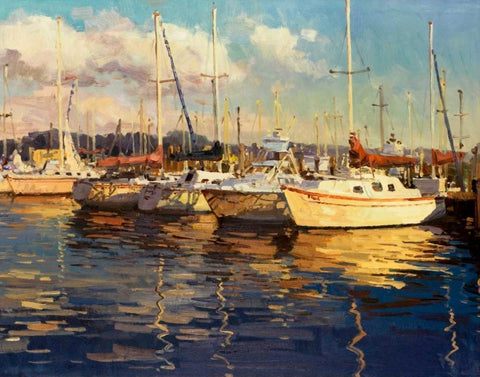 Boats on Glassy Harbor Black Ornate Wood Framed Art Print with Double Matting by Furtesen
