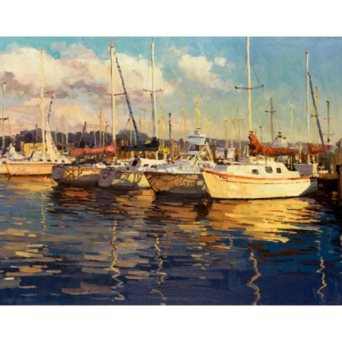 Boats on Glassy Harbor White Modern Wood Framed Art Print by Furtesen