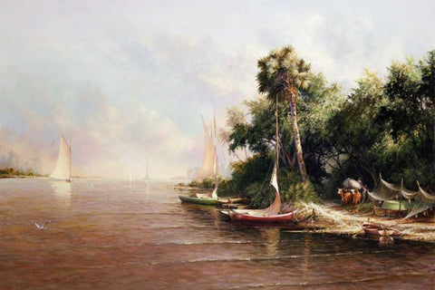 Fisherman Landing Black Ornate Wood Framed Art Print with Double Matting by Fronckowiak, Art