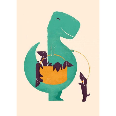 Trex and The Basketful of Wiener Dogs White Modern Wood Framed Art Print by Fleck, Jay