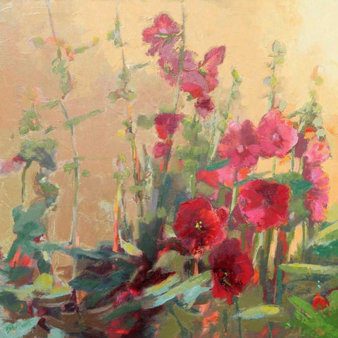 Red Haven Hollyhocks Gold Ornate Wood Framed Art Print with Double Matting by Forst, Beth A.