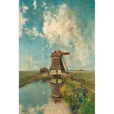 A Windmill on a Polder Waterway, c. 1889 White Modern Wood Framed Art Print by Gabriel, Paul Joseph Constantin