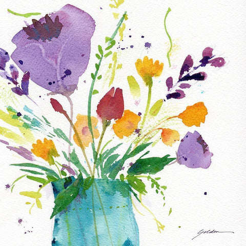 Teal Vase With Bright Flowers White Modern Wood Framed Art Print by Golden, Sheila