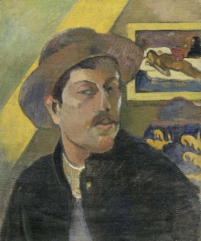 Self Portrait with a Hat Black Ornate Wood Framed Art Print with Double Matting by Gauguin, Paul
