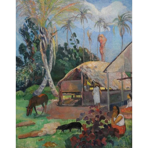 The Black Pigs Gold Ornate Wood Framed Art Print with Double Matting by Gauguin, Paul