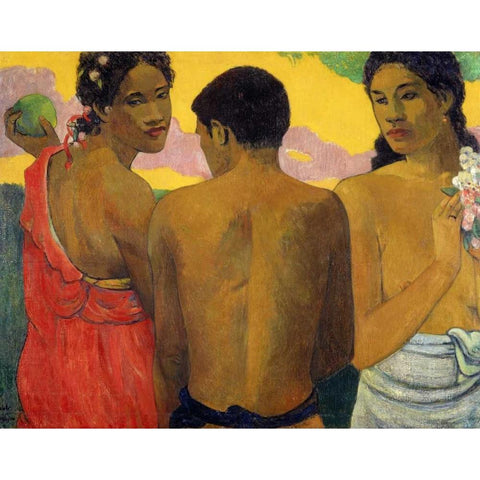 Three Tahitians Black Modern Wood Framed Art Print with Double Matting by Gauguin, Paul