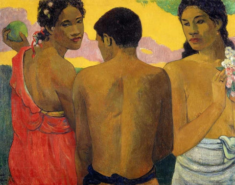 Three Tahitians White Modern Wood Framed Art Print with Double Matting by Gauguin, Paul