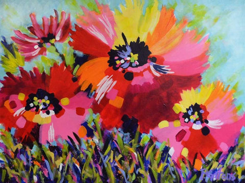 Big Red Poppies Black Ornate Wood Framed Art Print with Double Matting by Gatens, Pamela