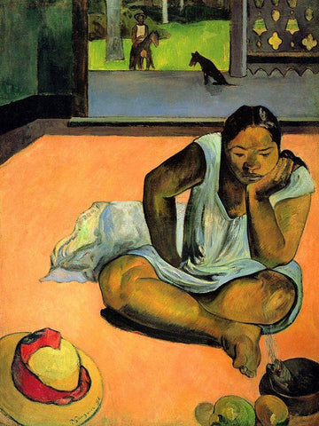 La Boudeuse (Te Faaturuma) White Modern Wood Framed Art Print with Double Matting by Gauguin, Paul