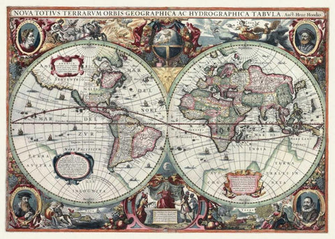 Nova Totius Terrarum Orbis Tabula White Modern Wood Framed Art Print with Double Matting by Hondius, Hendrik