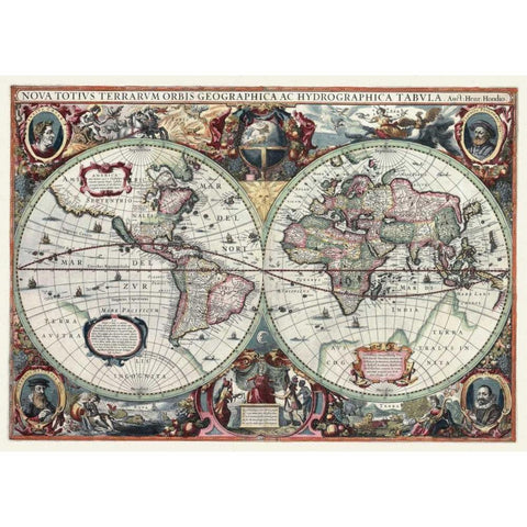 Nova Totius Terrarum Orbis Tabula White Modern Wood Framed Art Print by Hondius, Hendrik