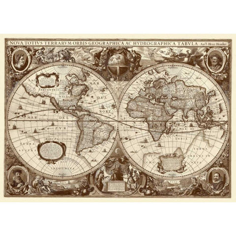 Nova Totius Terrarum Orbis Tabula Black Modern Wood Framed Art Print with Double Matting by Hondius, Hendrik