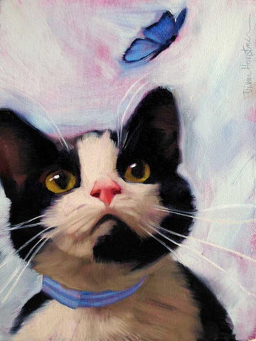 Cat and Butterfly White Modern Wood Framed Art Print with Double Matting by Hoeptner, Diane