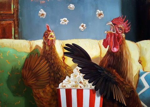 Popcorn Chickens Black Ornate Wood Framed Art Print with Double Matting by Heffernan, Lucia