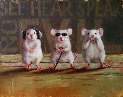 Three Wise Mice Black Ornate Wood Framed Art Print with Double Matting by Heffernan, Lucia