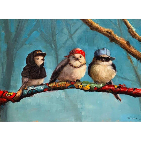 Birdz In Da Hood Black Modern Wood Framed Art Print with Double Matting by Heffernan, Lucia