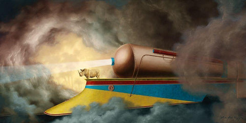 Rhino Train White Modern Wood Framed Art Print with Double Matting by Herzog, Linda Ridd