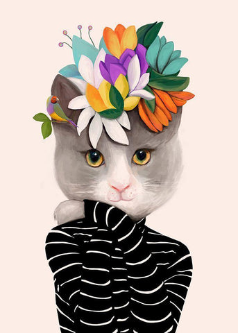 Cat With Flowers and Finch White Modern Wood Framed Art Print with Double Matting by Horvat, Ioana
