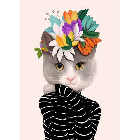 Cat With Flowers and Finch Black Modern Wood Framed Art Print by Horvat, Ioana