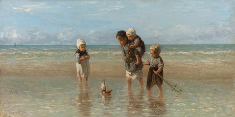 Children of the Sea-1872 Black Ornate Wood Framed Art Print with Double Matting by Israels, Jozef