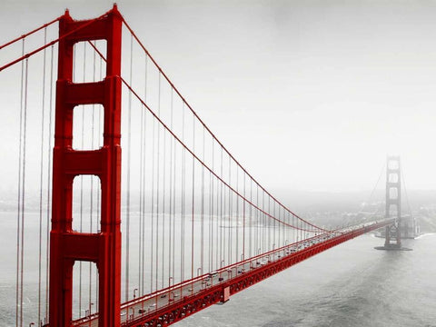 Golden Gate Bridge in Fog White Modern Wood Framed Art Print with Double Matting by PhotoINC Studio