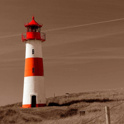 Red and White Lighthouse Black Modern Wood Framed Art Print with Double Matting by PhotoINC Studio