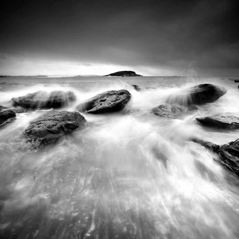 Waves on Rocks Black Modern Wood Framed Art Print by PhotoINC Studio