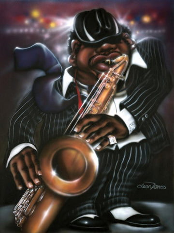 Jazzman Moe Black Ornate Wood Framed Art Print with Double Matting by Jones, Leonard