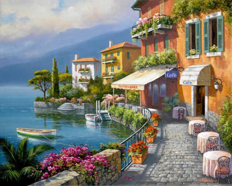Seaside Bistro Cafe White Modern Wood Framed Art Print with Double Matting by Kim, Sung