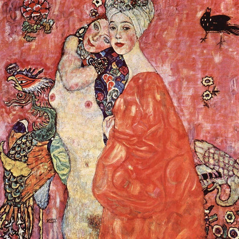 The Girlfriends White Modern Wood Framed Art Print with Double Matting by Klimt, Gustav