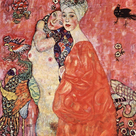 The Girlfriends Black Modern Wood Framed Art Print with Double Matting by Klimt, Gustav