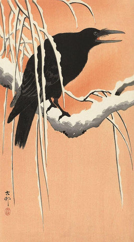 Crow on a Snowy Bough, 1900-1930 White Modern Wood Framed Art Print with Double Matting by Koson, Ohara