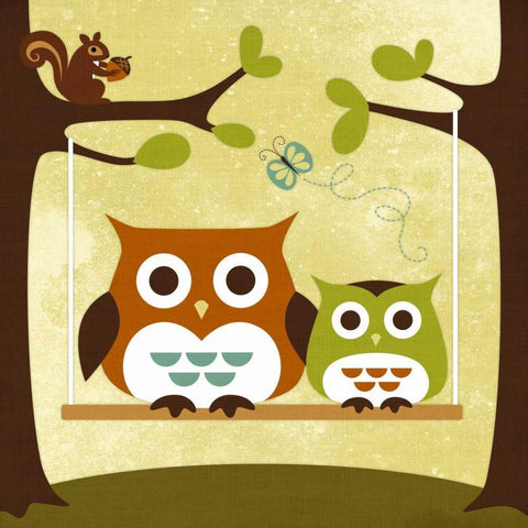 Two Owls on Swing Black Modern Wood Framed Art Print by Lee, Nancy