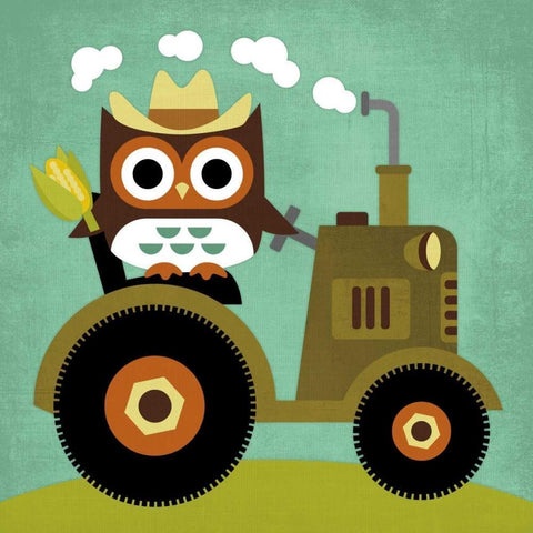 Owl on Tractor White Modern Wood Framed Art Print with Double Matting by Lee, Nancy