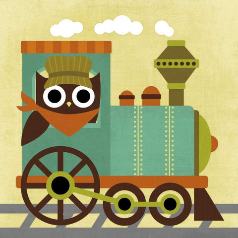 Owl Train Conductor Black Modern Wood Framed Art Print by Lee, Nancy