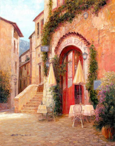 Eze Village Cafe France Black Ornate Wood Framed Art Print with Double Matting by Liu, Haixia