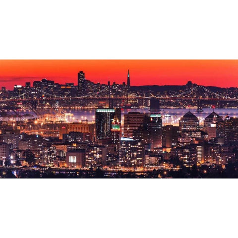 Oakland SF Twilight Gold Ornate Wood Framed Art Print with Double Matting by Linhares, Greg