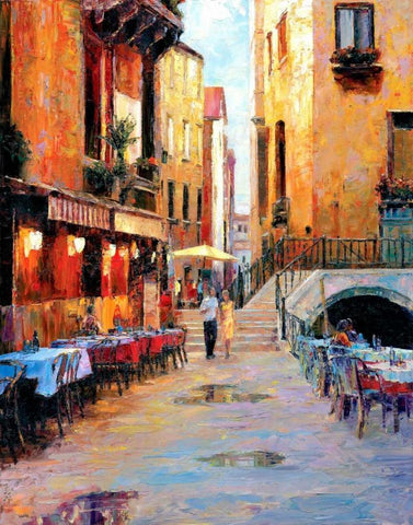 Street Cafe after Rain White Modern Wood Framed Art Print with Double Matting by Liu, Haixia