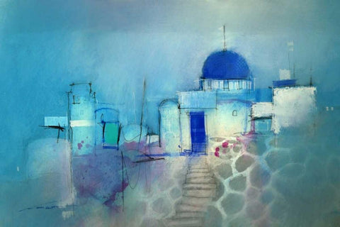 Santorini Blue Black Ornate Wood Framed Art Print with Double Matting by Lovett, John