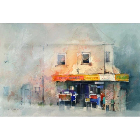 Corner Store White Modern Wood Framed Art Print by Lovett, John