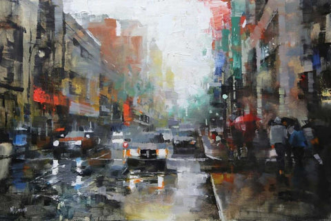 Montreal Rain White Modern Wood Framed Art Print with Double Matting by Lague, Mark