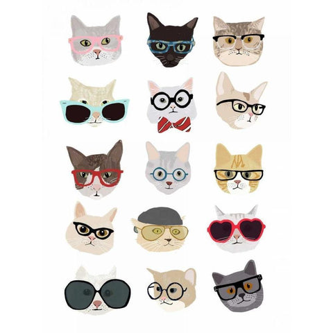 Cats with Glasses White Modern Wood Framed Art Print by Melin, Hanna