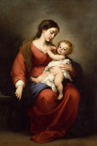 Virgin and Child White Modern Wood Framed Art Print with Double Matting by Murillo, Bartolome Esteban