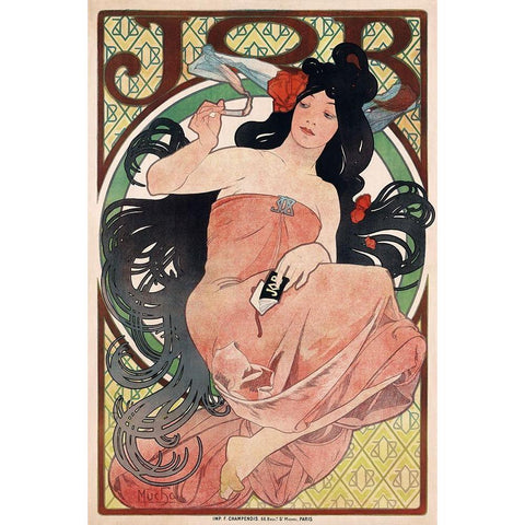 Job - Cigarette Rolling Papers Advertisement Gold Ornate Wood Framed Art Print with Double Matting by Mucha, Alphonse