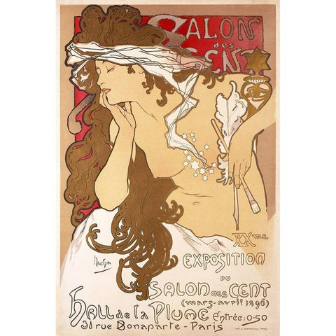 Salon des Cent 20th Exhibition White Modern Wood Framed Art Print by Mucha, Alphonse