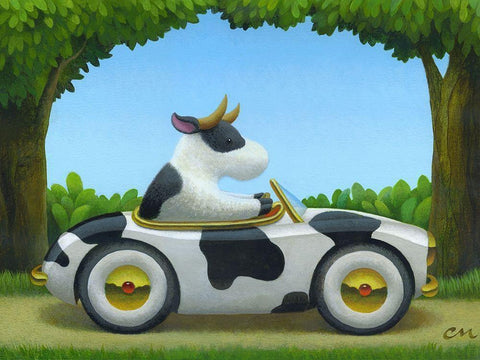 Cow Car White Modern Wood Framed Art Print with Double Matting by Miles, Chris