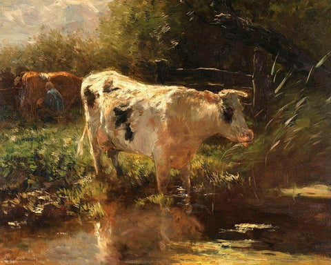 Cow beside a Ditch, c. 1885-1895 Black Ornate Wood Framed Art Print with Double Matting by Maris, Willem