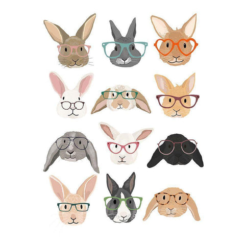 Rabbits in Glasses White Modern Wood Framed Art Print by Melin, Hanna