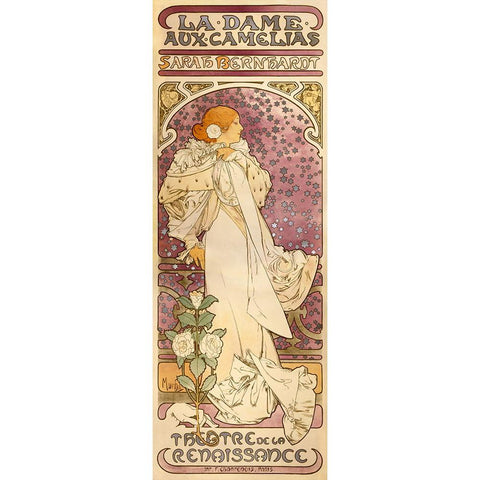 The Lady of the Camellias - Sarah Bernhardt, 1896 White Modern Wood Framed Art Print by Mucha, Alphonse